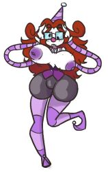 bouncing_breasts bulge clown clown_girl freckles glasses gloves hat inverted_nipples nat_(riteliso) nsfwjordytrash pale_skin red_hair sharp_teeth thighhighs wardrobe_malfunction