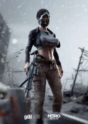 anna_miller_(metro) crop_top dog_tags ga3ddolls gas_mask gun metro_(series) metro_exodus nipple_bulge nipples_visible_through_clothing panties post-apocalyptic snow sweat