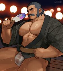 balls bara bulge fan fanning fanning_self flaccid game_freak gay kamado_(pokemon) male male_only moustache muscles muscular nintendo penis pokemon pokemon_legends:_arceus ruisselait see_through_clothing solo solo_male sweaty