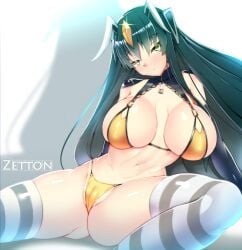 1girls big_breasts bikini black_hair blush breasts cameltoe cleft_of_venus crotch elbow_gloves eyebrows_visible_through_hair female_focus gloves golden_bikini green_eyes head_tilt hi_res highres horns large_breasts long_hair looking_at_viewer navel on_ground shadow shiny shiny_skin sitting solo souma_(ordures) spread_legs string_bikini striped striped_legwear swimsuit thick_thighs thighhighs thighs ultra_kaijuu_gijinka_keikaku ultra_series voluptuous yellow_bikini yellow_swimsuit zetton