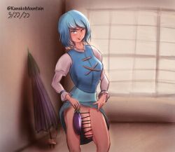 1futa 2022 big_penis blue_eyes blue_hair breasts censor_bar clothed clothed_futanari clothing dated eggplant flaccid futa_only futanari human kanakomountain kogasa_tatara light-skinned_futanari light_skin partially_clothed penis red_eyes short_hair solo solo_futa standing touhou umbrella