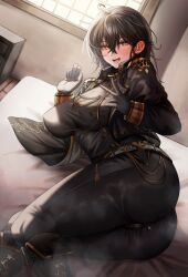 bed big_ass big_breasts blush_lines blushing clothed clothed_female dark_hair earrings erect_nipples_under_clothes gloves laying_on_side looking_at_viewer military nompang peace_sign solo_female tagme thick_thighs window yellow_eyes