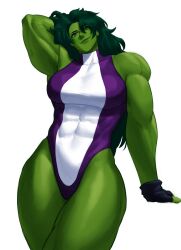 1girls abs absurd_res armpit big_breasts female female_only fingerless_gloves fully_clothed gloves green_body green_eyes green_hair green_skin hi_res highleg_leotard hulk_(series) large_breasts leotard long_hair marvel marvel_comics messy_hair muscles muscular muscular_female sexy_armpits she-hulk skin_tight smile solo sotcho thick_thighs white_background wide_hips