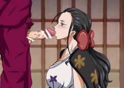 bar_censor big_breasts black_hair blowjob blowjob_face blue_eyes blush busty censored fellatio fellatio_face female hi_res highres light-skinned_female light_skin long_hair male nico_robin one_piece oral oral_sex sanji sucking sucking_penis takebuchi vinsmoke_sanji