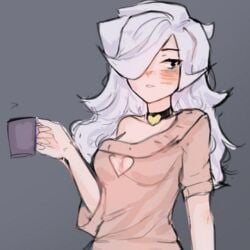 6yoshi9 brawl_stars colette_(brawl_stars) collar heart_tag mug sweater white_hair wholesome