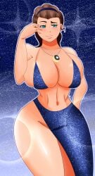 alexis(tejapaynensfw) big_breasts blue_dress blue_eyes brown_hair clothed clothing daphne_dress dress light-skinned_female light_skin meme_attire necklace original original_character revealing_clothes tejapaynensfw thick_thighs wide_hips