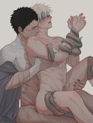 2boys abs anal ass bite_mark biting black_hair blush bound bound_wrists branch breath censored closed_eyes colored_skin commentary covered_eyes cum cum_in_ass datomato forehead_protector gay gay_sex grey_hair hatake_kakashi hickey highres male_focus mosaic_censoring multicolored_skin multiple_boys muscular muscular_male nail_polish naruto naruto_shippuden navel neck_biting nude open_mouth pectorals penis reverse_upright_straddle saliva scar scar_on_face sex short_hair sitting sitting_on_person sweat two-tone_skin uchiha_obito yaoi