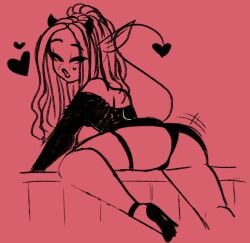 1girls ass butt demon_ears demon_horns demon_tail drawn dreadlocks female_only garter_band heart heels large_ass leaning_forward lips long_ears long_legs looking_back ohthesunnyside open_mouth panties partially_clothed presenting_ass red_background seductive short_dress succubus sunny_(ohthesunnyside) thighs