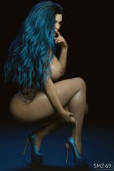 1futa 3d ass big_ass blue_hair cum erection futa_only futanari high_heels lexi_(smz-69) looking_at_viewer masturbation penis smz-69 solo