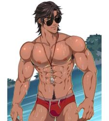 aieliapoot beach beach_background big_pecs brown_hair kite_hasegawa lifeguard looking_at_viewer male male_focus male_only male_solo muscular_arms muscular_male pubic_hair red_underwear solo sunglasses swim_briefs underwear wet wet_skin whistle_around_neck