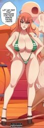 1girls absurd_res bikini breasts deckman english_text female female_only hi_res high_heels imminent_sex large_breasts long_hair looking_at_viewer mrdeck nami one_piece orange_hair red_hair scantily_clad skimpy_bikini solo striped_bikini swimsuit tattoo text thighs wide_hips