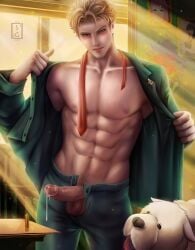 1boy abs balls ballsack bara blonde_hair bond_(spy_x_family) canine defined_muscles foreskin half-dressed highres human intact loid_forger looking_at_viewer male male_nipples male_only male_pubic_hair mature_male muscular_male open_pants open_shirt partially_clothed pecs pectorals penis penis_out retracted_foreskin scrotum solo spy_x_family testicles toned toned_male topless_male twilight_(spy_x_family) uncut veiny_penis