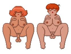 animated cici-bee-inc closed_eyes dexter's_laboratory dexter's_mom earrings hair_over_eyes large_breasts orange_hair original_character partial_male pillow_shading pixel pixel_art red_hair short_hair spread_legs straight transparent_background vaginal_penetration