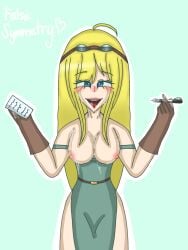 1girls apron_only blonde_hair blue_eyes blush blushing blushing_at_viewer cum falsesymmetry female hermitcraft iced_latte_with_breast_milk mcyt meme michimiisan mouth_open