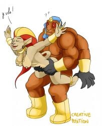 arms_out blue_hair boots closed_eyes cofagrigus eyelashes french_text humanized large_breasts lifting lifting_person muscular_male nelsonnoir pokemon pokemon_bw pokemon_xy pyroar red_sclera sharp_teeth straight tail tan_skin