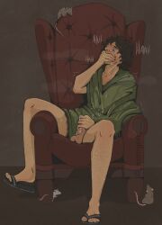 1boy bruno_madrigal chair clothing cum cum_on_self curly_hair disney encanto feet flip_flops hairy hairy_legs looking_down male male_only masturbation paragon_(artist) partially_clothed rat sandals