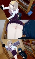 3d ahoge akamatsu_kaede ass backpack blonde blonde_hair blue_hair book books bookshelf breasts climbing climbing_ladder clothed clothing danganronpa danganronpa_v3 embarrassed embarrassed_nude_female enf exposed_ass female koikatsu ladder long_sleeves looking_down looking_up no_panties nude saihara_shuuichi shelf short_hair skirt straight_hair tie ultimateenf upskirt