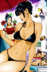 accessory belly_button big_breasts bikini black_bikini black_swimsuit fit fubuki_(one-punch_man) green_eyes lipstick murata_yuusuke official_art one-punch_man short_hair swimsuit wet_skin