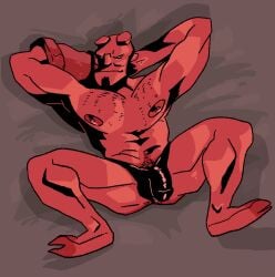 1boy anung_un_rama armpits arms_behind_head big_bulge bulge demon flaccid hairy_chest hellboy hellboy_(series) male male_only muscles muscular muscular_male pinkmustacheguy red_skin solo solo_male spread_legs superhero teasing thong underwear