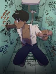 akira_(1988) bathroom black_hair blowjob button_down_shirt clothed cum glory_hole graffiti handjob kaneda_shotaro kanedasimp oc open_shirt oral oral_penetration oral_sex prostitute prostitution public_restroom short_hair text yaoi