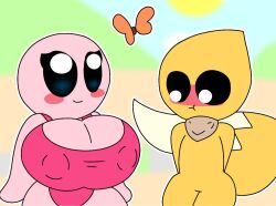 big_breasts black_eyes blue_eyes blush breasts butterfly chubby cute cute_face eyelashes female fox humanoid itisspermo kirby kirby_(series) looking_at_viewer male pink_body pink_skin red_dress tail yellow_body yellow_skin