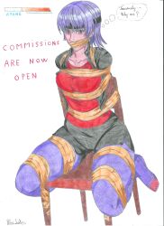 ayane_(doa) blue-lotus bondage bound_to_chair damsel_in_distress dead_or_alive gag purple_hair thought_bubble traditional_art