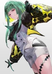 1female 1girl 1girls 2d 2d_(artwork) artist_request black_jacket bob_cut clothing coat drawing drawn female fur_collar fur_collar_jacket gloves gray_background green_hair gynoid hair_ornament hair_ornaments humanoid leg_accessory machine medium_breasts multicolored_hair outerwear pale_skin peekaboo-hair plain_background pose posing posing_for_the_viewer red_eyes ringo_(soul_hackers) robot short_hair short_shorts shorts smile smiling smiling_at_viewer solo solo_female solo_focus soul_hackers soul_hackers_2 suit tagme thick_thighs thigh_strap yellow_hair yellow_highlights yellow_jacket yellow_jacket_lining