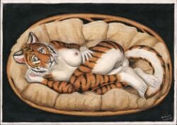 2022 anthro breasts chair felid female furniture genitals hi_res looking_aside lying male mammal nipples nude on_side pantherine plantigrade pussy solo syntech tail tiger traditional_media_(artwork) yellow_eyes