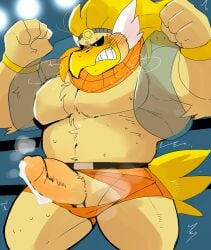 2020 absurd_res anthro avian bara barazoku blush bodily_fluids bottomwear clothing duo edit erection genitals hi_res humanoid_hands hyaku_(artist) kemono male male_only mario_(series) nintendo paper_mario penis rawk_hawk shorts solo_focus sweat uncensored video_games