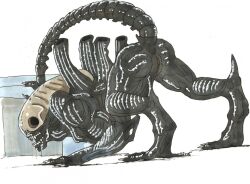 alien alien_(franchise) alien_girl anus drool female female_xenomorph monster nelsonnoir presenting presenting_hindquarters pussy skull solo tail traditional_art traditional_media_(artwork) xenomorph