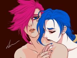 bite blue_hair incest jinx_(league_of_legends) league_of_legends painted_nails red_hair sisters vi