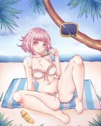 barefoot beach beach_towel bikini breasts clover_jello danganronpa danganronpa_2:_goodbye_despair feet large_breasts mole_on_breast nanami_chiaki straight_hair thighs toes