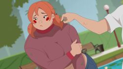 1boy 1girls bench big_breasts breasts chubby chubby_female crop_top discreenvision earrings female female_focus fred_(discreenvision) frown ginger_hair head_on_lap inusen kitty_(discreenvision) looking_away male on_lap orange_hair park red_cheeks the_secret_of_the_house twintails