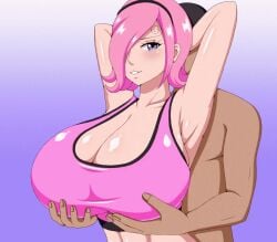 1girls 5_fingers animated armpits bare_shoulders big_breasts blue_eyes blush bouncing_breasts breast_grab breasts busty cleavage clothed clothes clothing faceless_male female grabbing grabbing_breasts grabbing_from_behind hairband huge_breasts human human_only humanoid koktter large_breasts light-skinned_female light_skin lips lipstick male one_piece pink_hair short_hair spiral_eyebrows sports_bra top_heavy vinsmoke_reiju voluptuous
