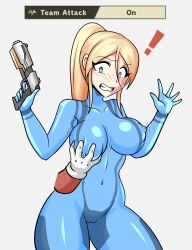 1girls abott95 blush bodysuit breast_grab cameltoe crossover female female_focus groping gun mario mario_(series) metroid molestation samus_aran super_smash_bros. surprised tomboy visible_nipples zero_suit zero_suit_samus