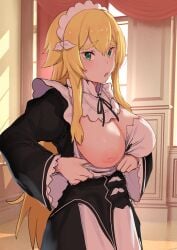 1girls apron areolae azuse_neko bangs blonde_female blonde_hair blush breast_slip breasts downblouse dress_pull fangs female frederica_baumann furrowed_brow green_eyes hair_ornament hairband huge_breasts indoors inverted_nipples long_hair looking_at_viewer maid maid_apron maid_headdress nipples no_bra one_breast_out one_breast_out_of_clothes presenting_breasts pulled_by_self re:zero_kara_hajimeru_isekai_seikatsu room roswaal_mansion_maid_uniform shiny_skin showing_breasts sidelocks solo solo_female teenage_girl teenager upper_body