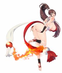 1girls absurd_res ass bobobong breasts brown_eyes brown_hair female female_only hi_res king_of_fighters large_breasts long_hair looking_at_viewer looking_back mai_shiranui sideboob solo thighs white_background