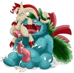 2015 anthro blue_eyes blush claws cum feral huge_penis mewtwo nelsonnoir nintendo open_mouth penis pink_eyes pokemon pokemon_(species) pokemon_rgby saliva scalie veiny_penis venusaur