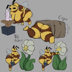 1:1 antennae anthro ass bee bee_(minecraft) belly big_ass big_breasts black_sclera blue_eyes blush breasts bucket chubby dildo featureless_breasts female flower flying grey_background hi_res machine minecraft mouthless no_nipples overweight shortstack simple_background sketch strangling stripes stuck text thick_thighs vodyanoy1294 wide_hips wings