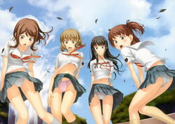 4girls aihara_nana black_hair blonde_hair blush breasts brown_hair cleavage embarrassed embarrassed_underwear_female euf female female_only fomalhaut futami_eriko hoshino_yuumi kimi_kiss mizusawa_mao multiple_girls nana panties pantyshot ribbon school_uniform seifuku serafuku shirt_lift skirt skirt_lift tanaka_shoutarou underwear upskirt white_panties wind wind_lift