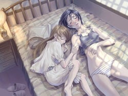 2girls asaki_takayuki bed black_hair blonde_hair bloomers casual color crop_top female grey_panties long_hair lying midriff multiple_girls panties short_hair sleeping striped striped_panties sweat tank_top underwear underwear_only wholesome