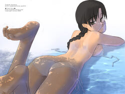 1girls ass barefoot bikini braid feet female glasses hoshina_tomoko large_breasts side-tie_bikini solo swimsuit tan tanline to_heart to_heart_(series) toes tsuina water wet