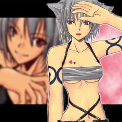 .hack// .hack//tasogare_no_udewa_densetsu 1girls animal_ear breasts dog_ear earrings female hack hoop_earrings jewelry ouka_(.hack) ouka_(.hack//) sarashi smile solo tattoo underboob wolf_ear zoom_layer