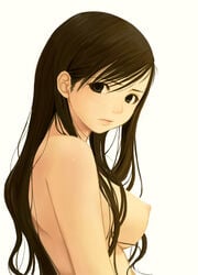 1girls breasts brown_eyes brown_hair closed_mouth color completely_nude female female_only from_side frown hair_behind_ear hair_over_breasts human large_breasts lips long_hair looking_aside looking_at_viewer maria-sama_ga_miteru medium_breasts nipples nude pale_skin shimako_toudou side_view solo suke_akurou swept_bangs upper_body white_background