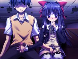 blue_hair blush bow censored clothing couple fingering game_cg handjob masturbation miraroma mutual_masturbation panties panty_pull penis public public_masturbation ribbon ribbons skirt thighhighs underwear zettai_ryouiki