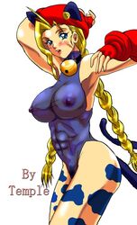 abs animal_ears beige_skin bell bell_collar beret blonde_hair blue_eyes blush braid cammy_white cat_ears clothes collar color fake_ears fake_tail female female_only hair hat human jingle_bell leotard long_hair muscle nipples open_eyes round_ears see-through solo straight_hair street_fighter tail temple_(artist) tied_hair twin_braids twintails white_background