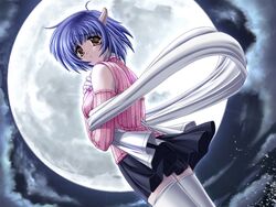 1girls asuka_pyon blue_hair blush brown_eyes detached_sleeves from_behind game_cg horns kitazato_shigure looking_back moon short_hair skirt snow snow_(game) solo striped sweater thighhighs white_legwear white_thighhighs wind zettai_ryouiki