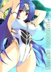 1girls armpits arms_up blue_hair bracelet breasts female highres hits iizuki_tasuku jewelry kos-mos long_hair milestone_celebration one-piece_swimsuit purple_hair red_eyes solo swimsuit volleyball xenosaga xenosaga_episode_i zipper