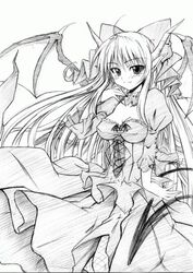 bat_wings breasts demon_girl drawn gothic horns long_hair ma_ga_ochiru_yoru monochrome pointy_ears ribbon sankaku_umako sheliss_elleness_zurbach solo tail wings