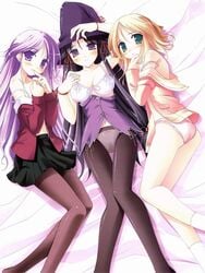 :3 black_hair black_legwear blonde_hair blush bottomless bow_bra bra breasts cleavage crossdressing frilled_panties frills green_eyes happiness happiness! hat highres kohinata_sumomo lingerie long_hair no_pants panties panties_under_pantyhose pantyhose pink_panties purple_eyes purple_hair scan short_hair skirt smile strap_slip takamine_koyuki thigh_gap thighs trap underwear undressing watarase_jun windmill_(company)